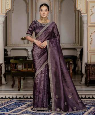 dark purple silk blend zarkan work saree with unstitched blouse 1