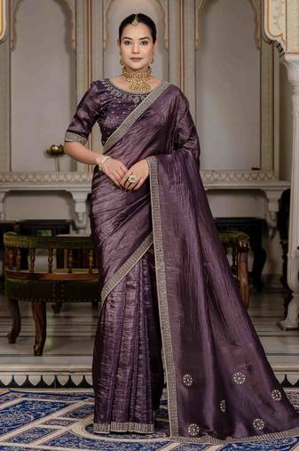 dark purple silk blend zarkan work saree with unstitched blouse