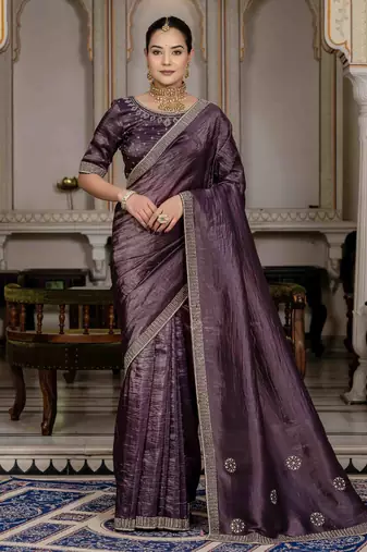 dark purple silk blend zarkan work saree with unstitched blouse