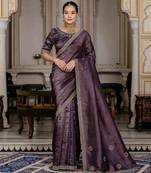 dark purple silk blend zarkan work saree with unstitched blouse
