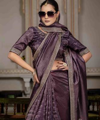 dark purple silk blend zarkan work saree with unstitched blouse 2