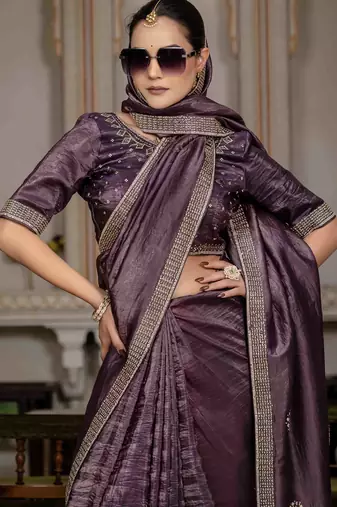 dark purple silk blend zarkan work saree with unstitched blouse