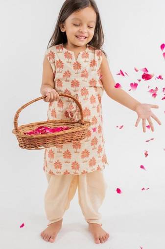 Beige printed cotton kurta set