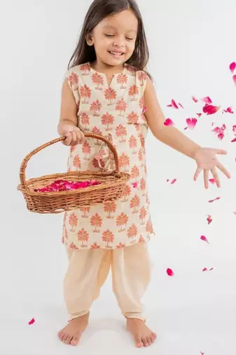 Beige printed cotton kurta set