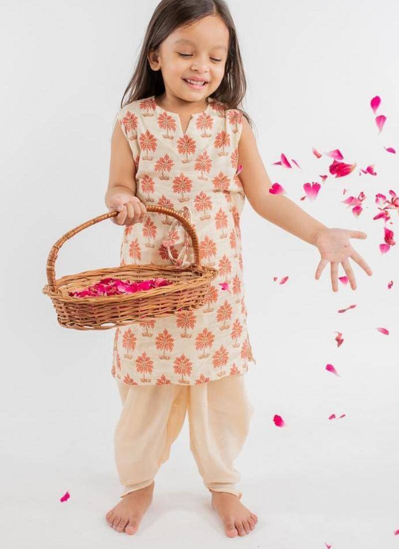 Beige printed cotton kurta set