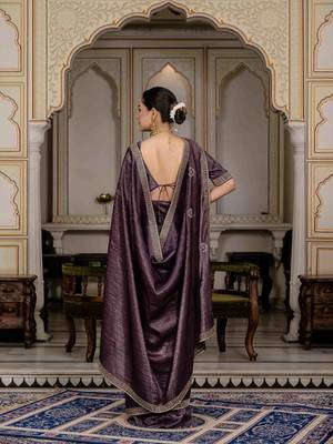dark purple silk blend zarkan work saree with unstitched blouse 3