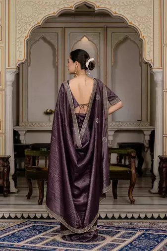 dark purple silk blend zarkan work saree with unstitched blouse