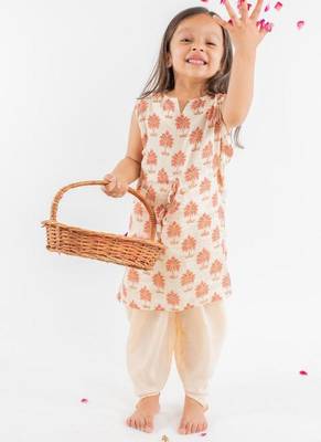Beige printed cotton kurta set 4