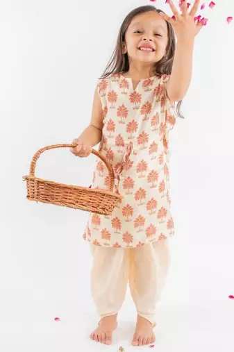 Beige printed cotton kurta set
