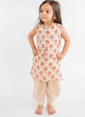 Beige printed cotton kurta set 1