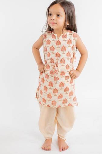 Beige printed cotton kurta set