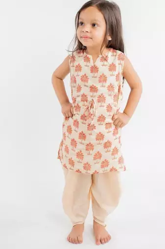 Beige printed cotton kurta set