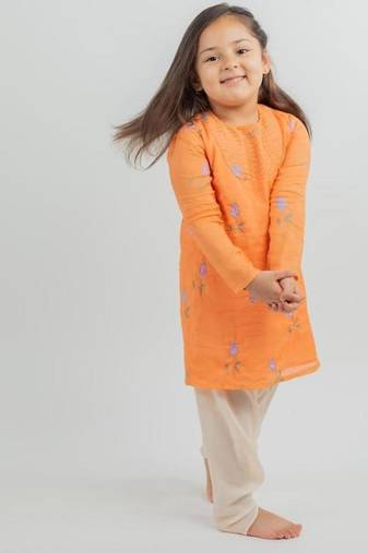 Orange embroidered cotton kurta set