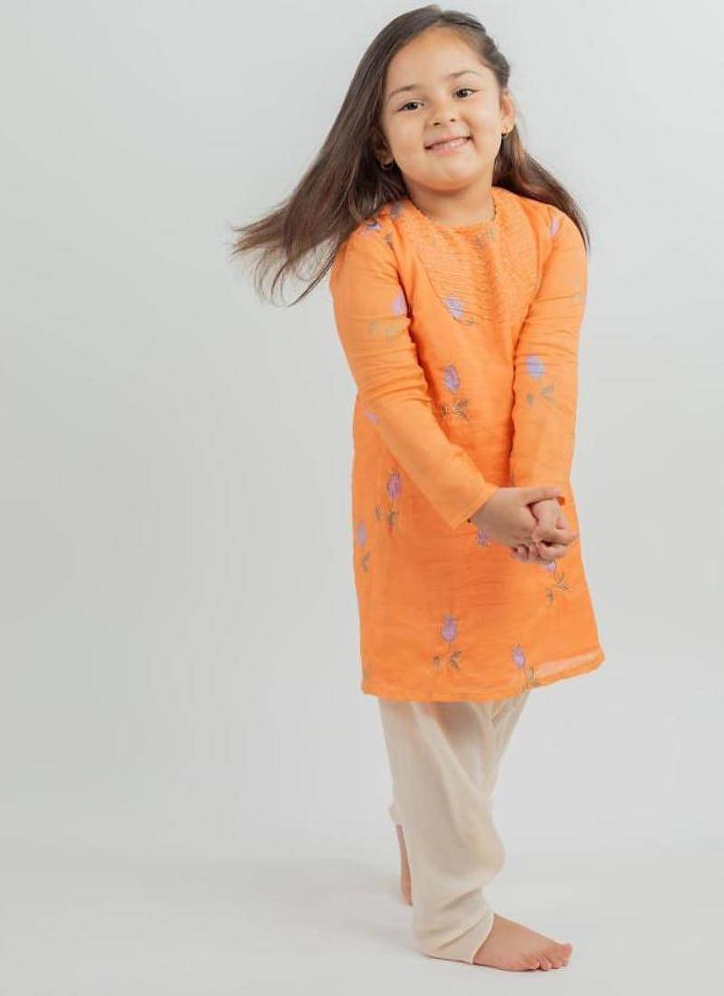 Orange embroidered cotton kurta set