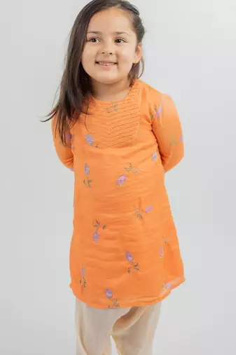 Orange embroidered cotton kurta set