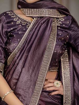 dark purple silk blend zarkan work saree with unstitched blouse 4