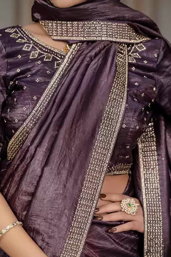 dark purple silk blend zarkan work saree with unstitched blouse