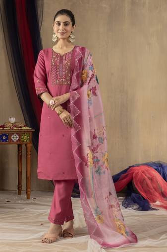 Pink Designer Straight Kurti Pant Dupatta Set With Embroidery And Hand Work