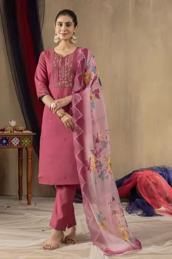 Pink Designer Straight Kurti Pant Dupatta Set With Embroidery And Hand Work