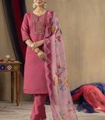 Pink Designer Straight Kurti Pant Dupatta Set With Embroidery And Hand Work