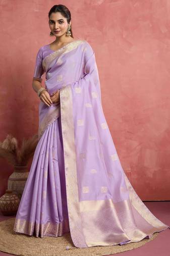 lavender soft silk blend zari woven saree with unstitched blouse