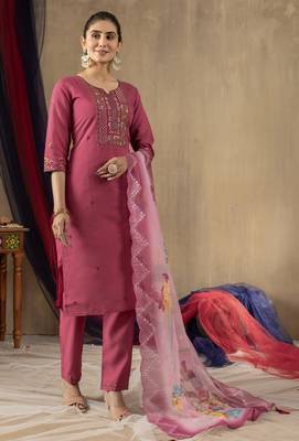 Pink Designer Straight Kurti Pant Dupatta Set With Embroidery And Hand Work 5