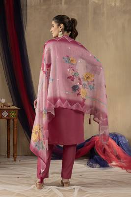Pink Designer Straight Kurti Pant Dupatta Set With Embroidery And Hand Work 6