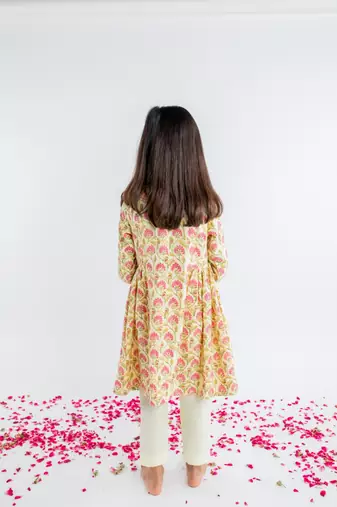 Yellow printed cotton kurta set