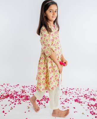 Yellow printed cotton kurta set 3