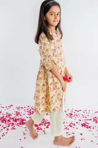 Yellow printed cotton kurta set