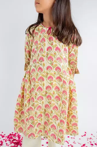 Yellow printed cotton kurta set