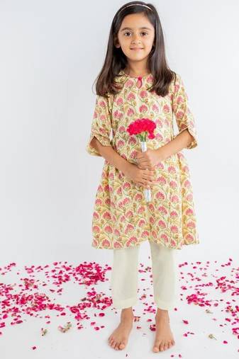 Yellow printed cotton kurta set