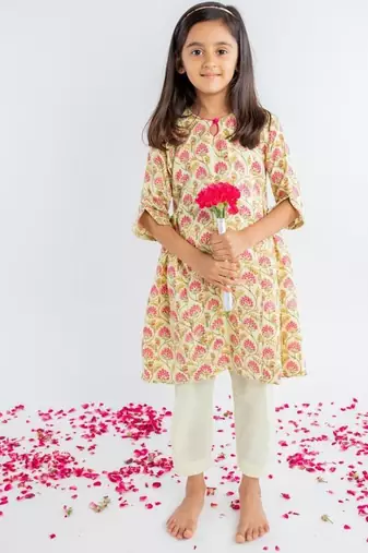 Yellow printed cotton kurta set