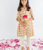 Yellow printed cotton kurta set