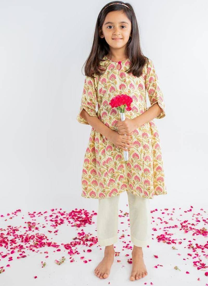 Yellow printed cotton kurta set