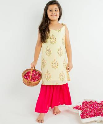 Yellow printed cotton kurta set 1