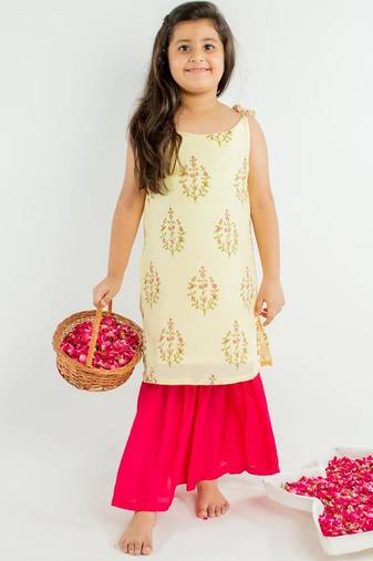 Yellow printed cotton kurta set