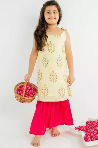 Yellow printed cotton kurta set