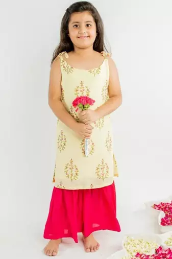 Yellow printed cotton kurta set