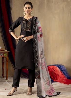 Black Designer Straight Kurti Pant Dupatta Set With Embroidery And Hand Work 1