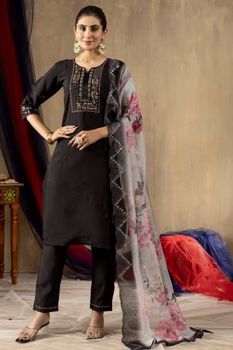 Black Designer Straight Kurti Pant Dupatta Set With Embroidery And Hand Work