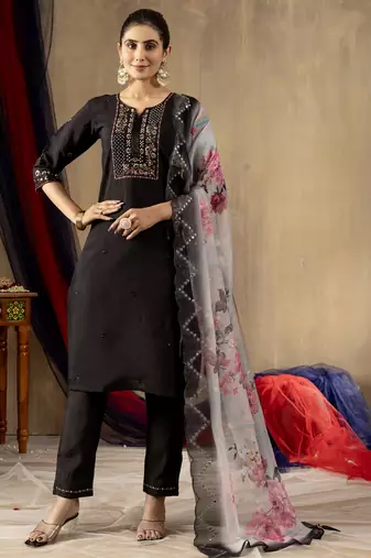 Black Designer Straight Kurti Pant Dupatta Set With Embroidery And Hand Work