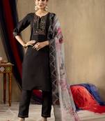Black Designer Straight Kurti Pant Dupatta Set With Embroidery And Hand Work