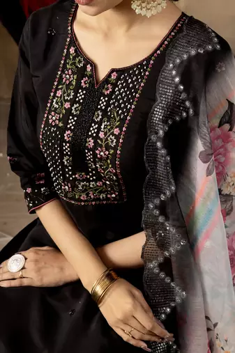Black Designer Straight Kurti Pant Dupatta Set With Embroidery And Hand Work