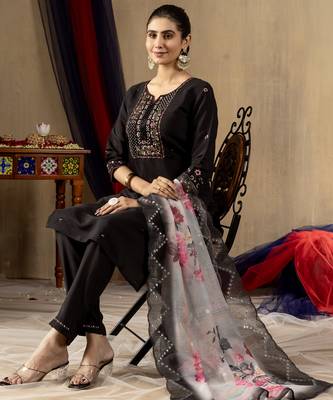 Black Designer Straight Kurti Pant Dupatta Set With Embroidery And Hand Work 4