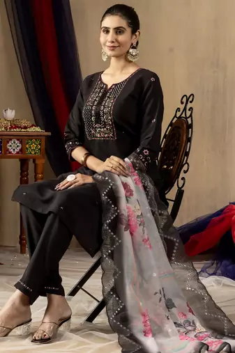 Black Designer Straight Kurti Pant Dupatta Set With Embroidery And Hand Work