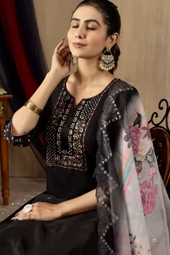 Black Designer Straight Kurti Pant Dupatta Set With Embroidery And Hand Work