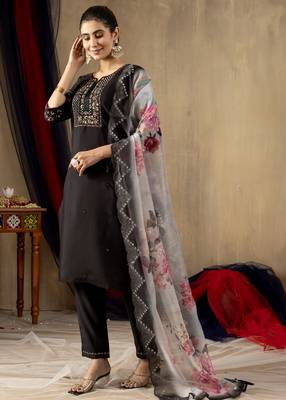 Black Designer Straight Kurti Pant Dupatta Set With Embroidery And Hand Work 6