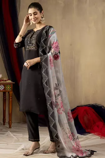 Black Designer Straight Kurti Pant Dupatta Set With Embroidery And Hand Work