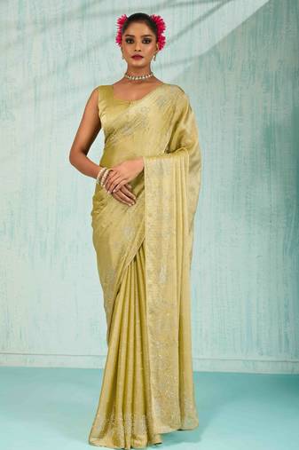 yellow silk blend chiffon zarkan work saree with unstitched blouse